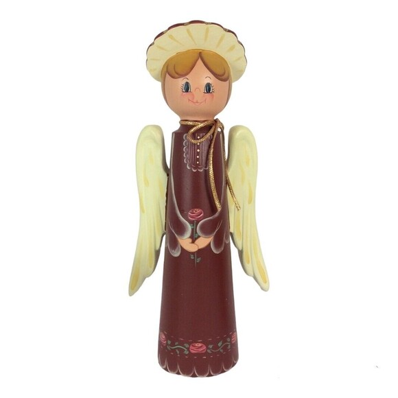 Wood Angel Vintage Hand Painted Folk Art Artist Signed Dated Figurine Set of 3 - Picture 3 of 9